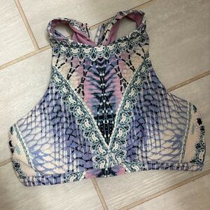 High-Neck Printed Swim Bikini Top in Pink & Purple